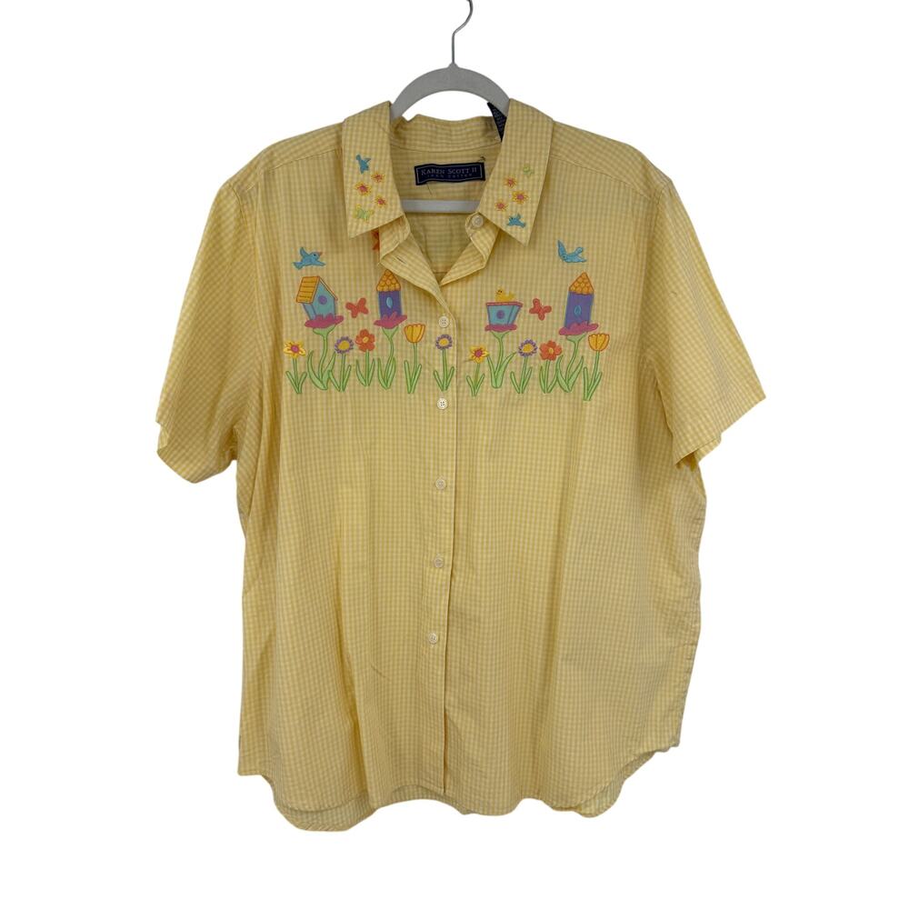VTG Scott Womens 2X Button Down Shirt Gingham Yellow Embroidered Cottagecore - Picture 2 of 13
